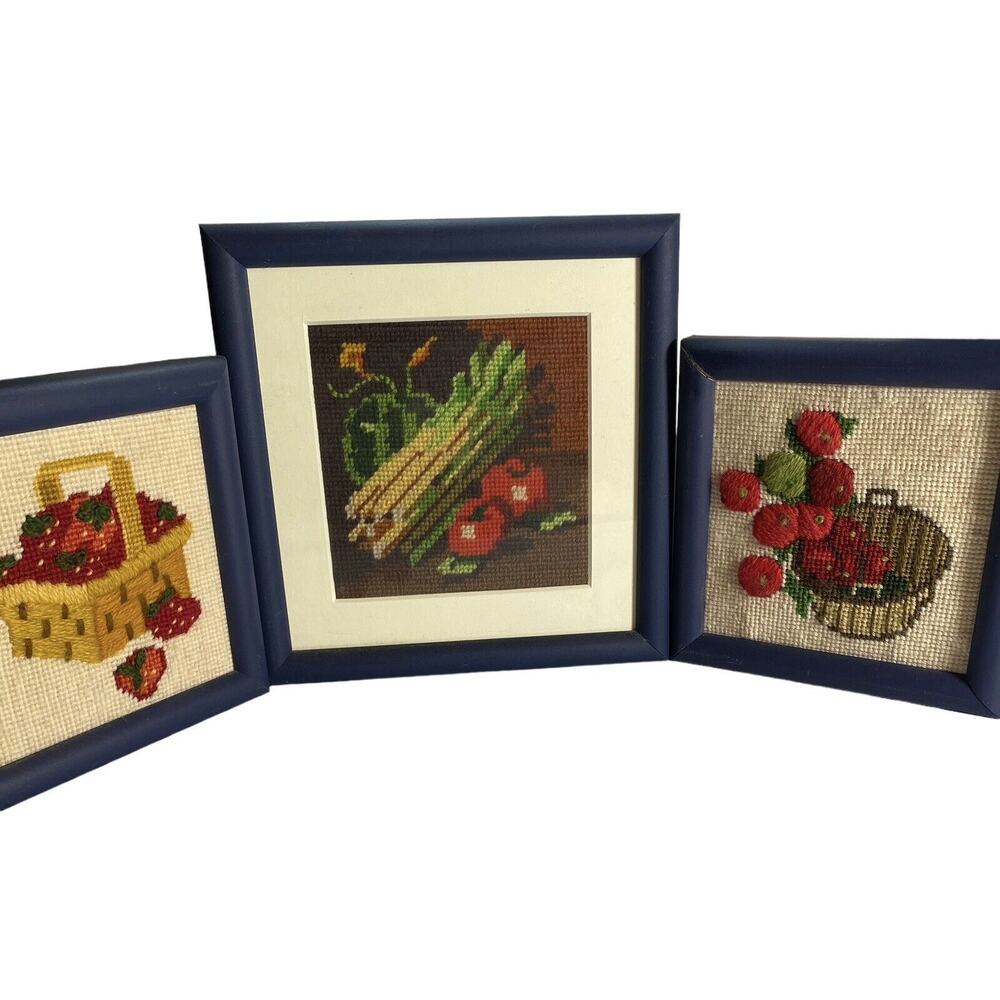 Farmhouse Vintage Framed 5x5 & 8X8 Crewel Country Art Produce Pictures Set Of 3